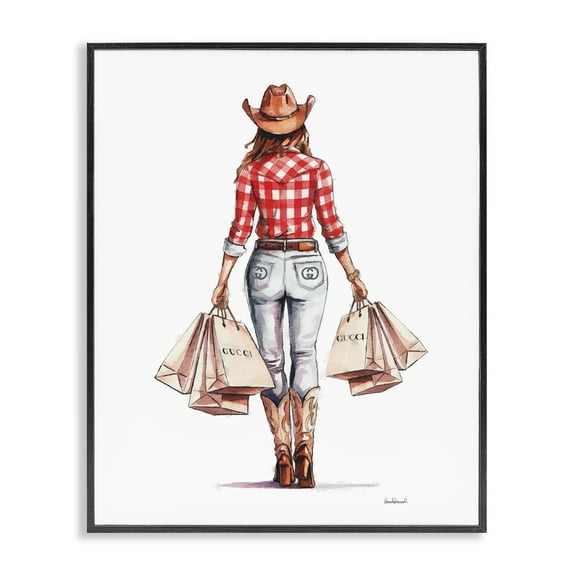 Stupell Industries Country Cowgirl Shopping People Painting Black Framed Art Print Wall Art, 11 x 14