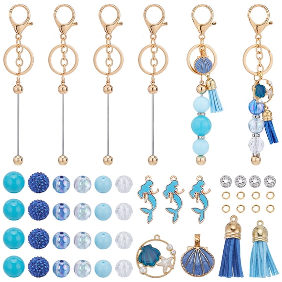 72Pcs DIY 6 Sets Beadable Keychain Kit Blue Resin Rhinestone Large Beads 20mm Bubblegum Beads Keychain Bars Blanks Enamel Sea
