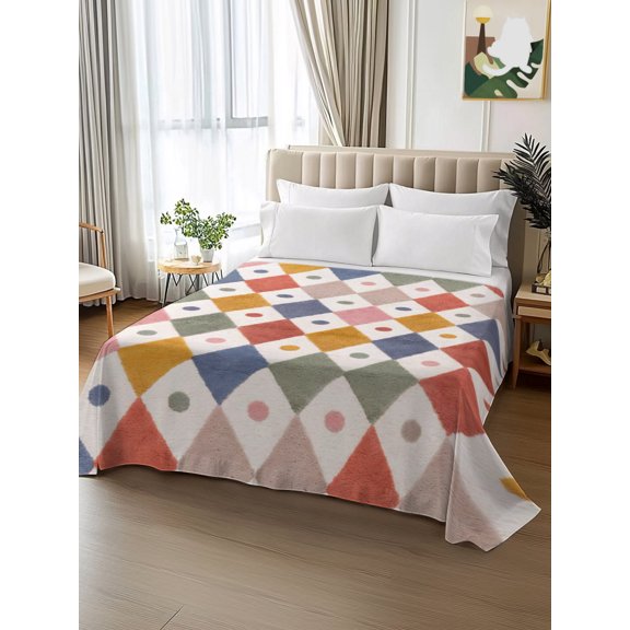 King Size Flat Sheet Only,Colorful Lattice Polka Dot Soft Top Bed Sheets Breathable Bedding Sheet Diamond Check Boho Style Microfiber Hotel Luxury Top Sheets