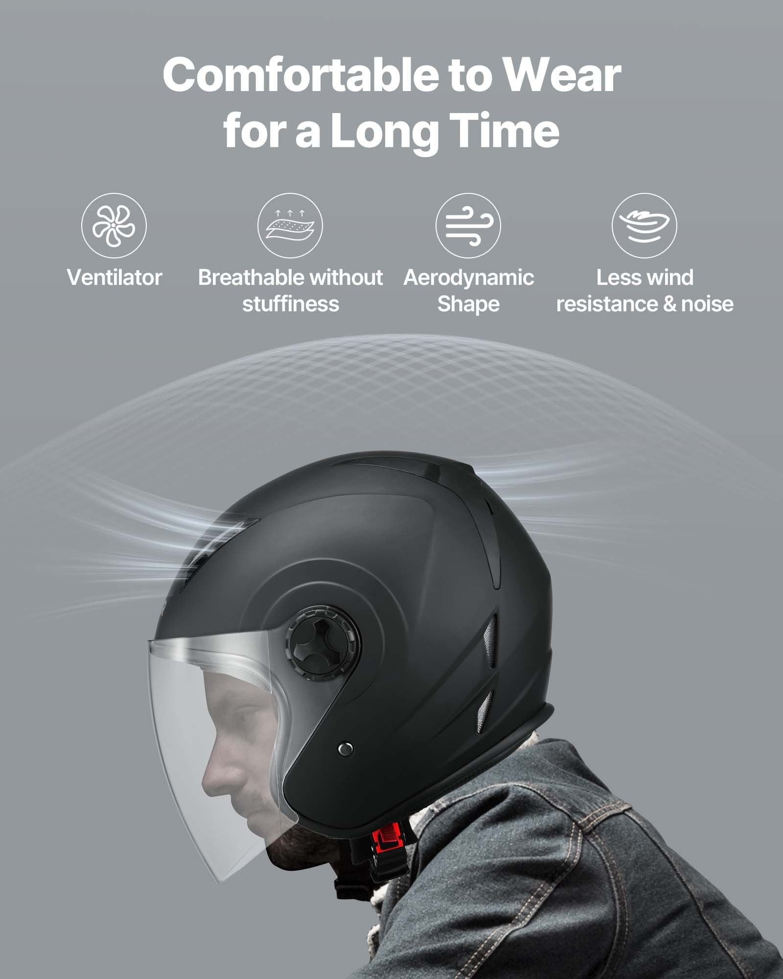 Motorcycle Helmet 3/4 Open Face Adult Motocross Dirt Bike Helmet with Clear Visor Detachable Liner for Men Women DOT Approved Matte Black Size M