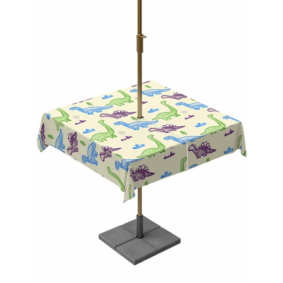 Outdoor Tablecloth with Umbrella Hole for Patio/Picnic/Party/Camping, Cartoon Dinosaur Waterproof Table Cloth Square Cover Washable, Watercolor Green Blue Dino Yellow (60"x 60")