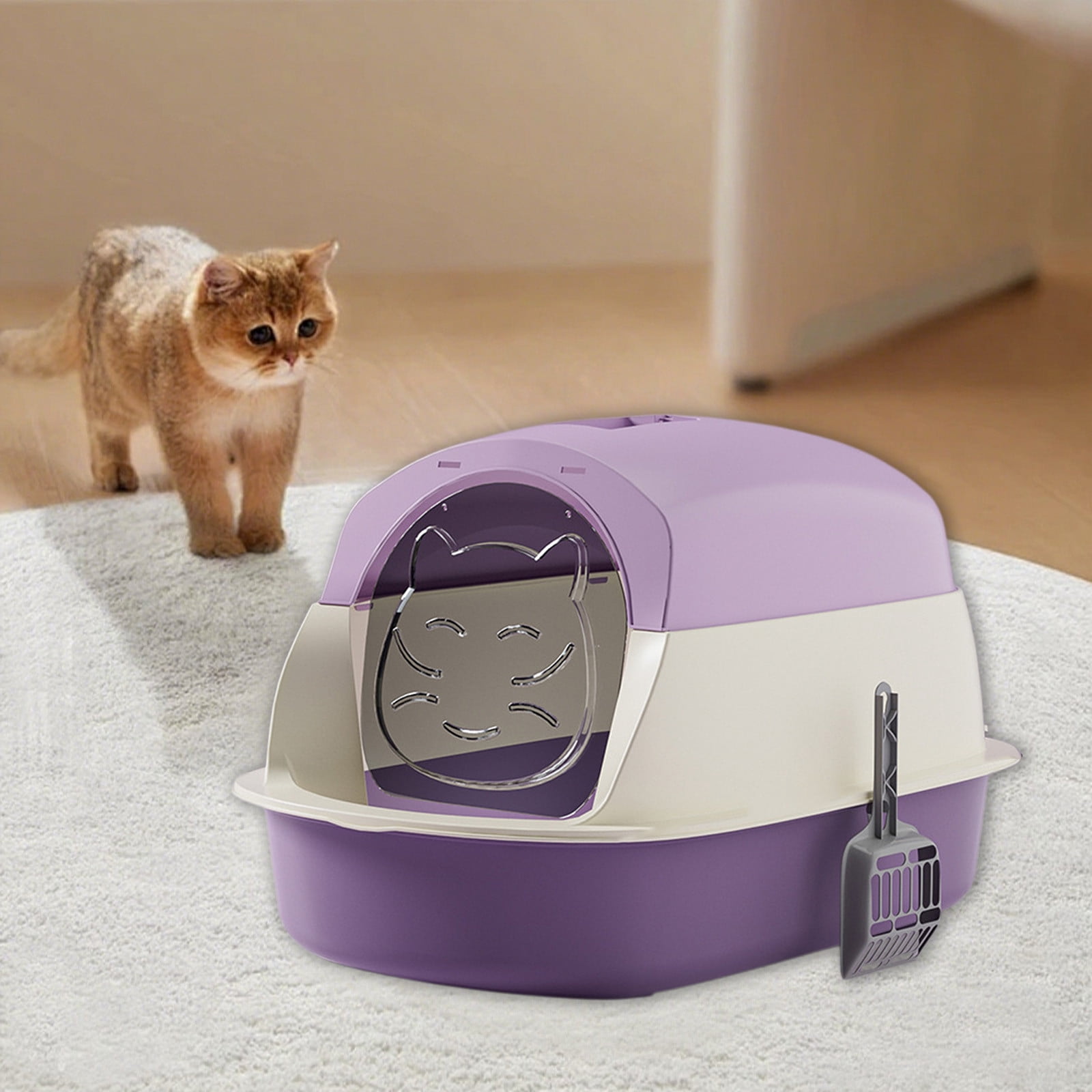 Large Covered Litter Box with Lid, Fully Enclosed Cat Litter Pan, Splash Proof Toilet Tray with Shovel for Cats