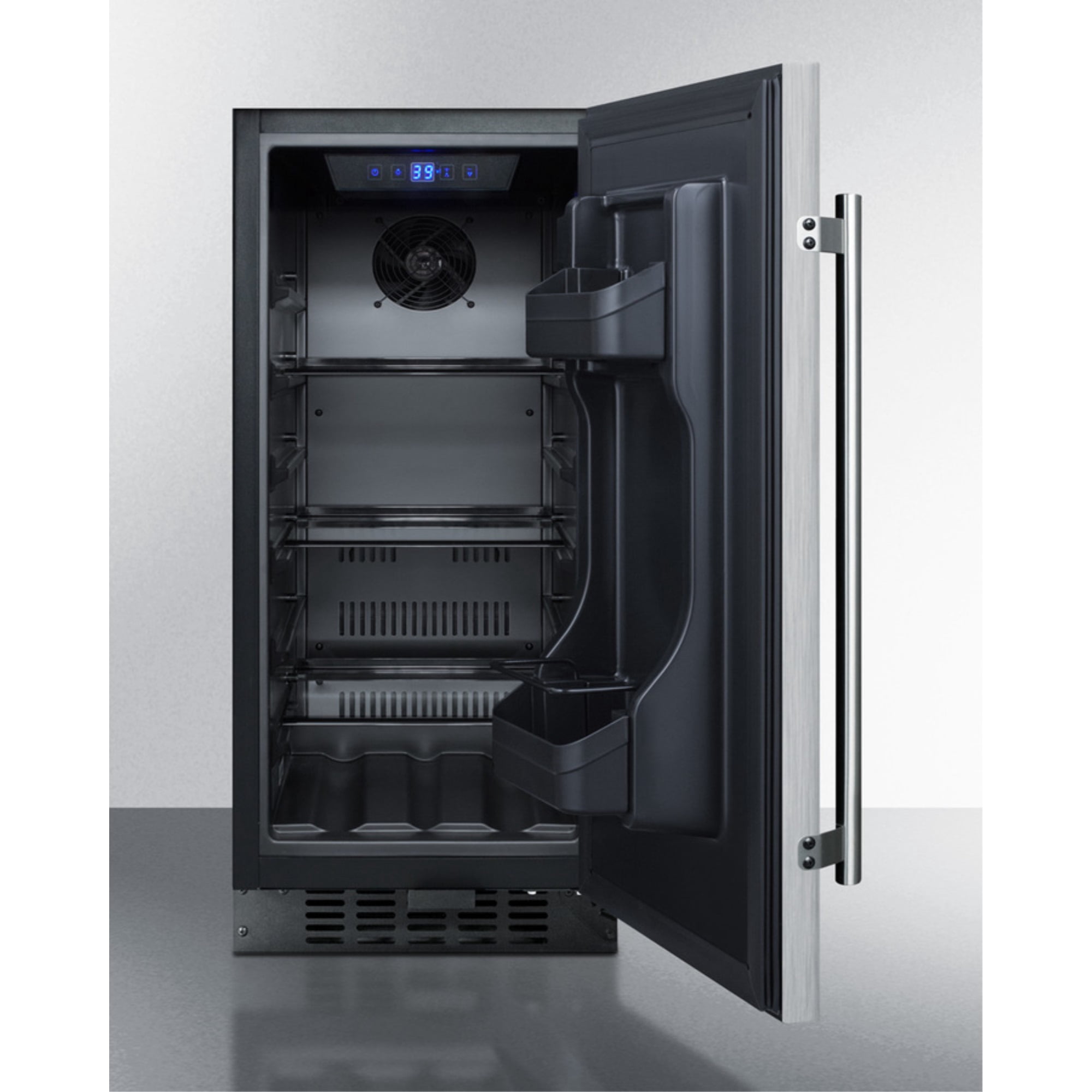 15 Inches wide ADA compliant all-refrigerator for built-in or freestanding use, with digital controls, LED light, lock, stainless steel door, and black cabinet