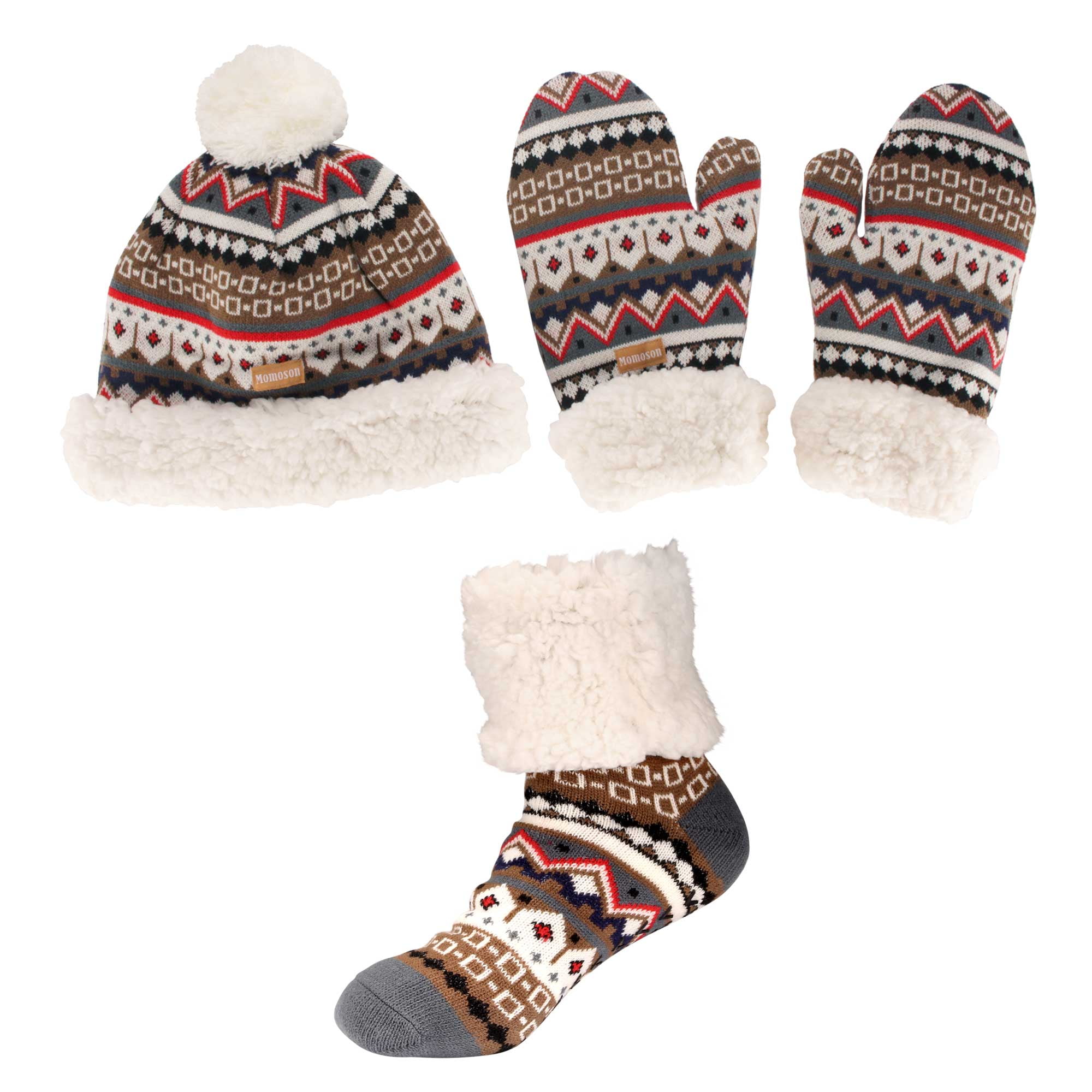 Adult Womens Super Soft Warm Fuzzy Cozy Winter Socks 1 Set Beanie Pom Pom Hat and Mittens Set 