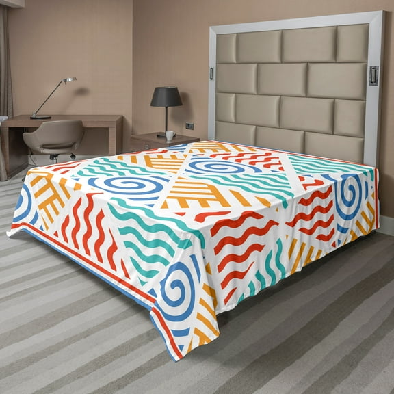 Ambesonne Tribal Flat Sheet, 4 Elements Retro Art, Full Size, Marigold Teal Blue