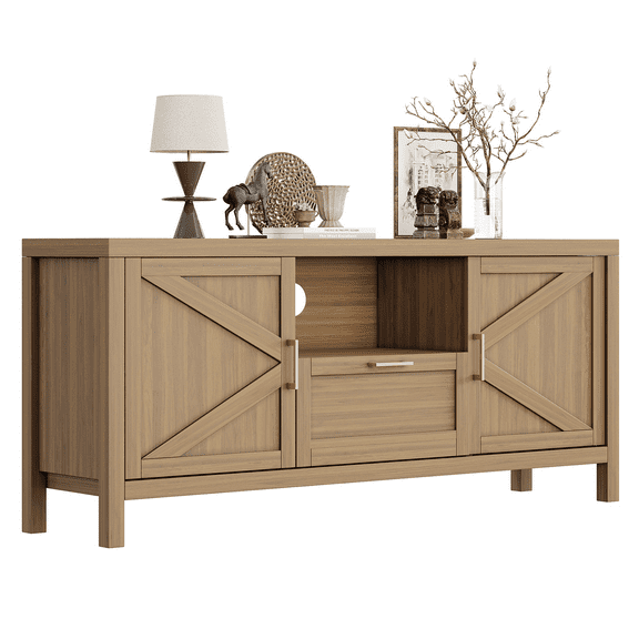 Farmhouse Tv Stand for 55''/65'' TV, 59 Inch Entertainment Center with Storage, Modern Large Wooden Media Console with 2 Door Cabinets, Adjustable Shelves for Living Room, Walnut