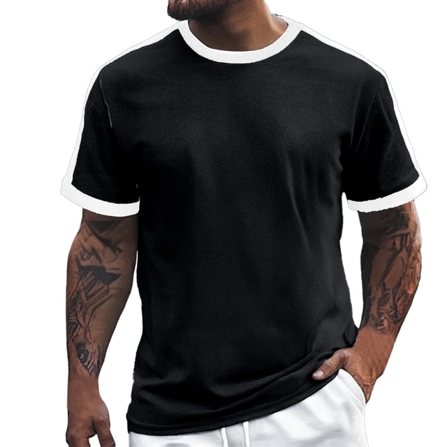 Camiseta de manga corta con rayas verticales de color liso para hombre - Prenda informal de cuello redondo y corte holgado