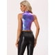 thumbnail image 3 of Top corto metálico Allegra K Cuello falso Cremallera frontal Sin mangas Holográfico Sparkle Party Azul Púrpura M, 3 of 6