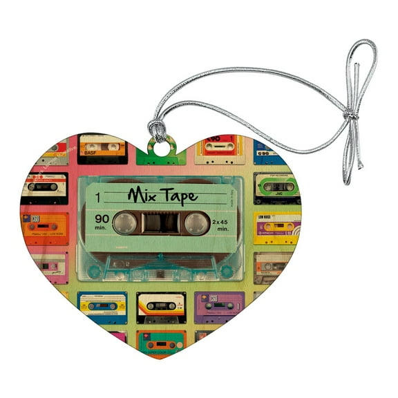 Classic Compact Cassette Mix Tapes Collage Heart Love Wood Christmas Tree Holiday Ornament
