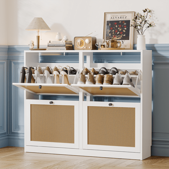 Eumyviv Rattan Shoe Storage Cabinet with 4 Flip Drawers, Freestanding Shoe Organizer, Hidden Narrow Shoe Rack Cabinet for Entryway Hallway Front Door, White, S0013