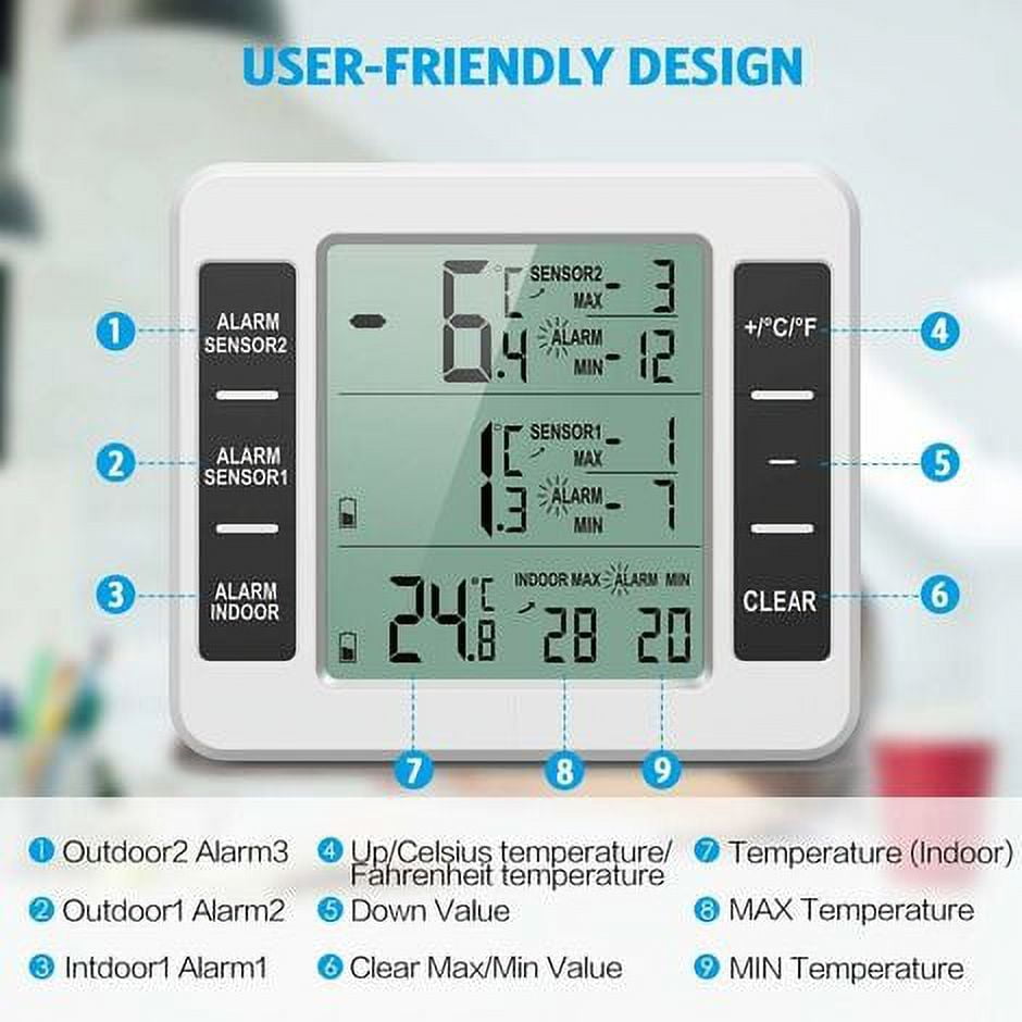 Fridge Thermometer, Fridge Thermometer with Freezer Alarm, Wireless Indoor Outdoor Thermometer with 2 Sensors, MIN/MAX and Temperature Alarm, Connected Thermometer for Home