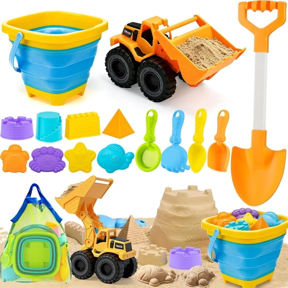 AuntyFey Collapsible Beach Toys for Kids, Sand Toy Set with Collapsible Beach Buckets, Sand Mold & Shovels, Purple