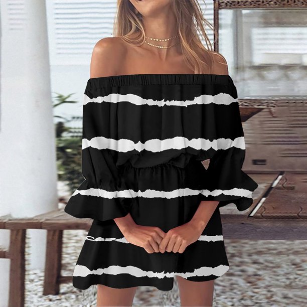 WILLBEST Vestidos para Mujer Verano Vestidos de Verano para Mujer Playa Sexy Hombros Descubiertos Túnica Casual Suelto Ajuste Manga Mini Vestido Floral Extra Grande