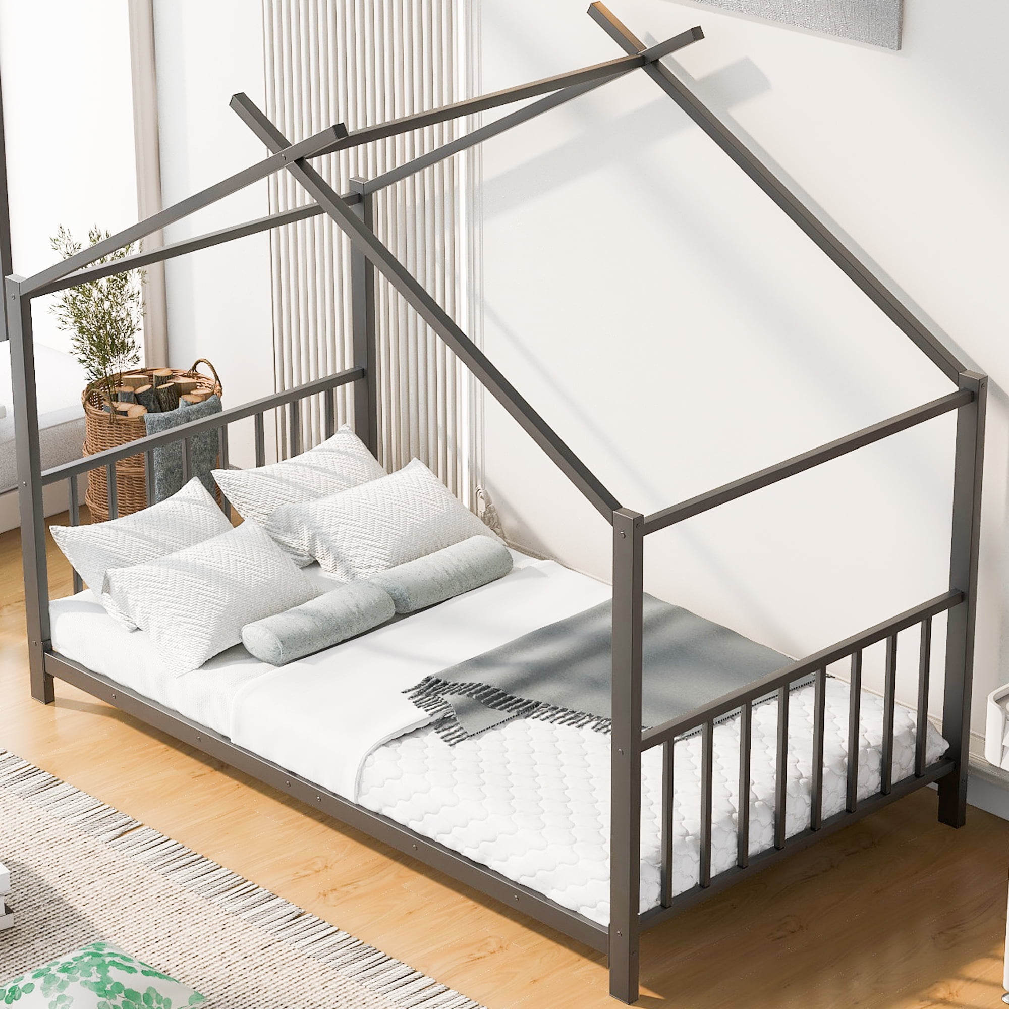 Yoneston Twin Size Kids Metal House Platform Bed Frame with Roof for Child, No Spring Needed, Black