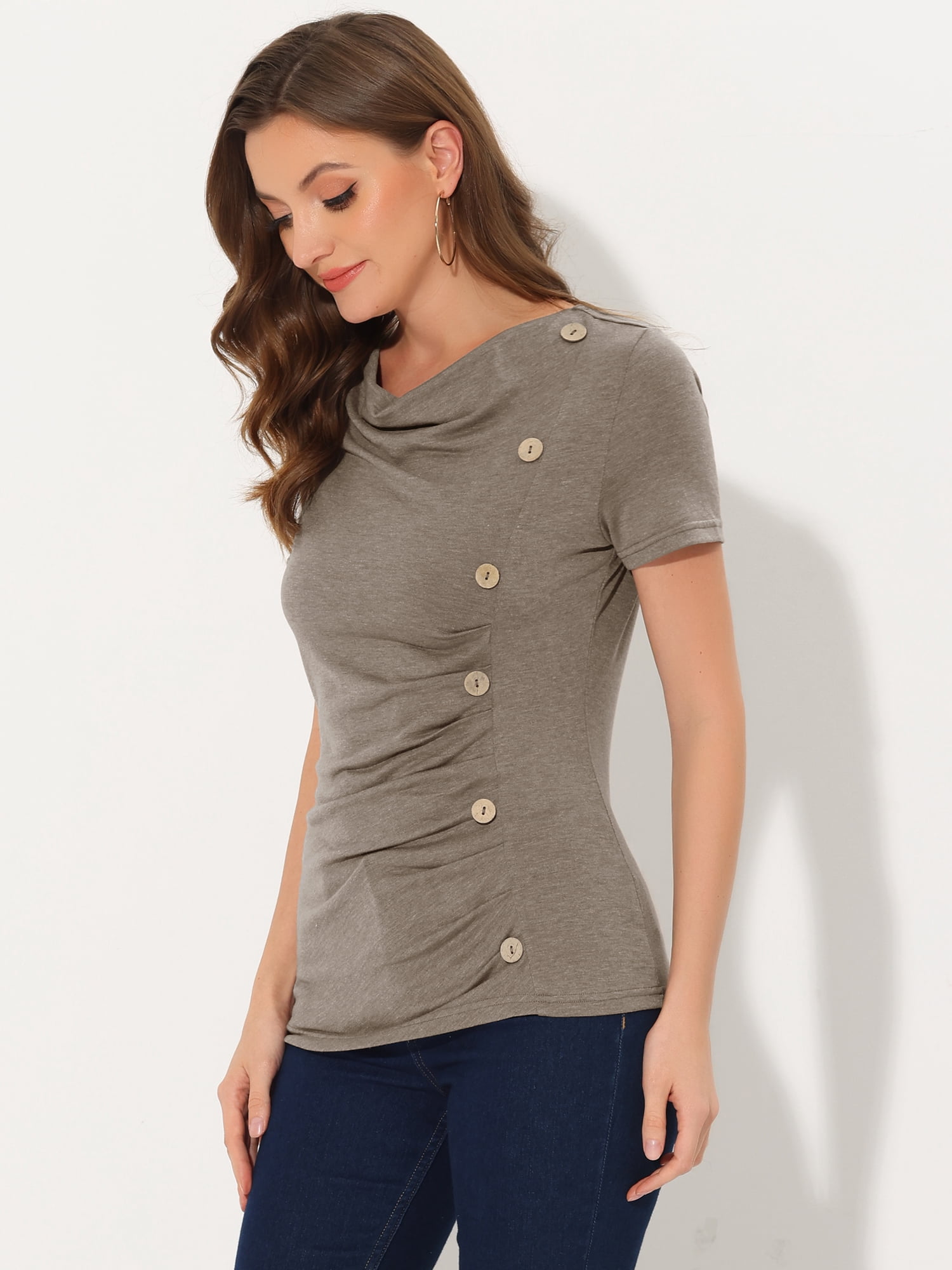 DARING DIVA Women's Cowl Neck Ruched Short Sleeve Tops with Button Decor S Brown