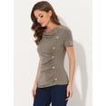 thumbnail image 4 of DARING DIVA Women's Cowl Neck Ruched Short Sleeve Tops with Button Decor XS Brown, 4 of 6