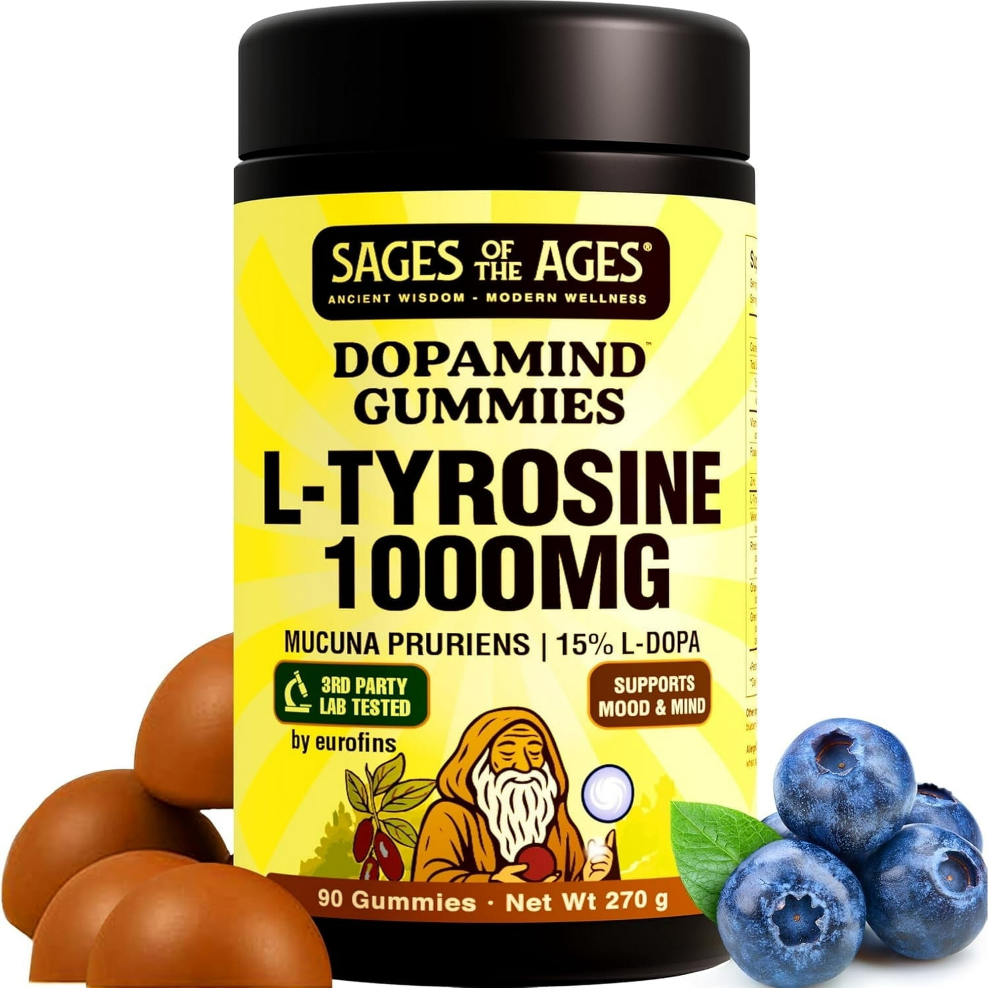 Dopamine Brain Food - 1000mg L-Tyrosine Supplement - Dopamine Supplement for Focus & Mental Drive - Supports Mental Energy - Neurotransmitter Support with B Vitamins, L-Dopa, Rhodiola - 90 Gummies