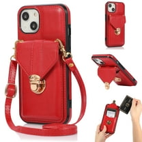 Allytech Crossbody Wallet Case for iPhone 13 Mini 5.4" 2021, PU Leather Handbag Purse Bracket Kickstand Card Pocket Adjustable Detachable Necklace Lanyard Buckle Protective Cover for Women Girls, Red
