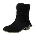thumbnail image 2 of SUNVIT Womens Mid Calf Flock Boots - Black, Size 37, Low Block Heel with Tassel & Wrapped Strap, Bohemian All-Day Comfort Style, 2 of 8