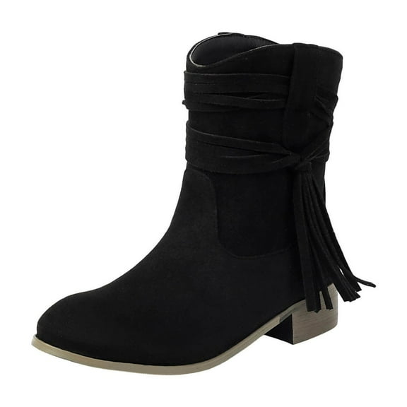 Wensltd Fall Shoes for Women Fashion Casual Trendy Winter Chunky Heel Tassel Suede Ankle Boots Black