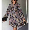 thumbnail image 4 of Vestido estampado de mujer, manga larga, cuello en V, lazo, estampado de flores de anacardo, cintura media, vestido con estampado floral para mujer para otoño invierno negro L, 4 of 8