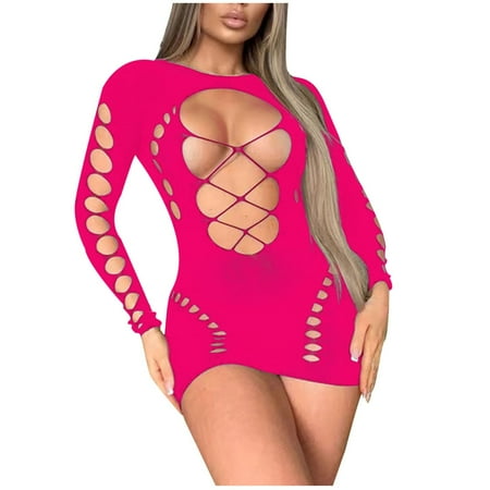 Savings Clearance RbCulf Womens Fishnet Backless Mini Dresses Sexy Lace Long Sleeves Lingerie Cutout Mesh Bodycon Dress Charming Wrap Chemise Erotic Costume