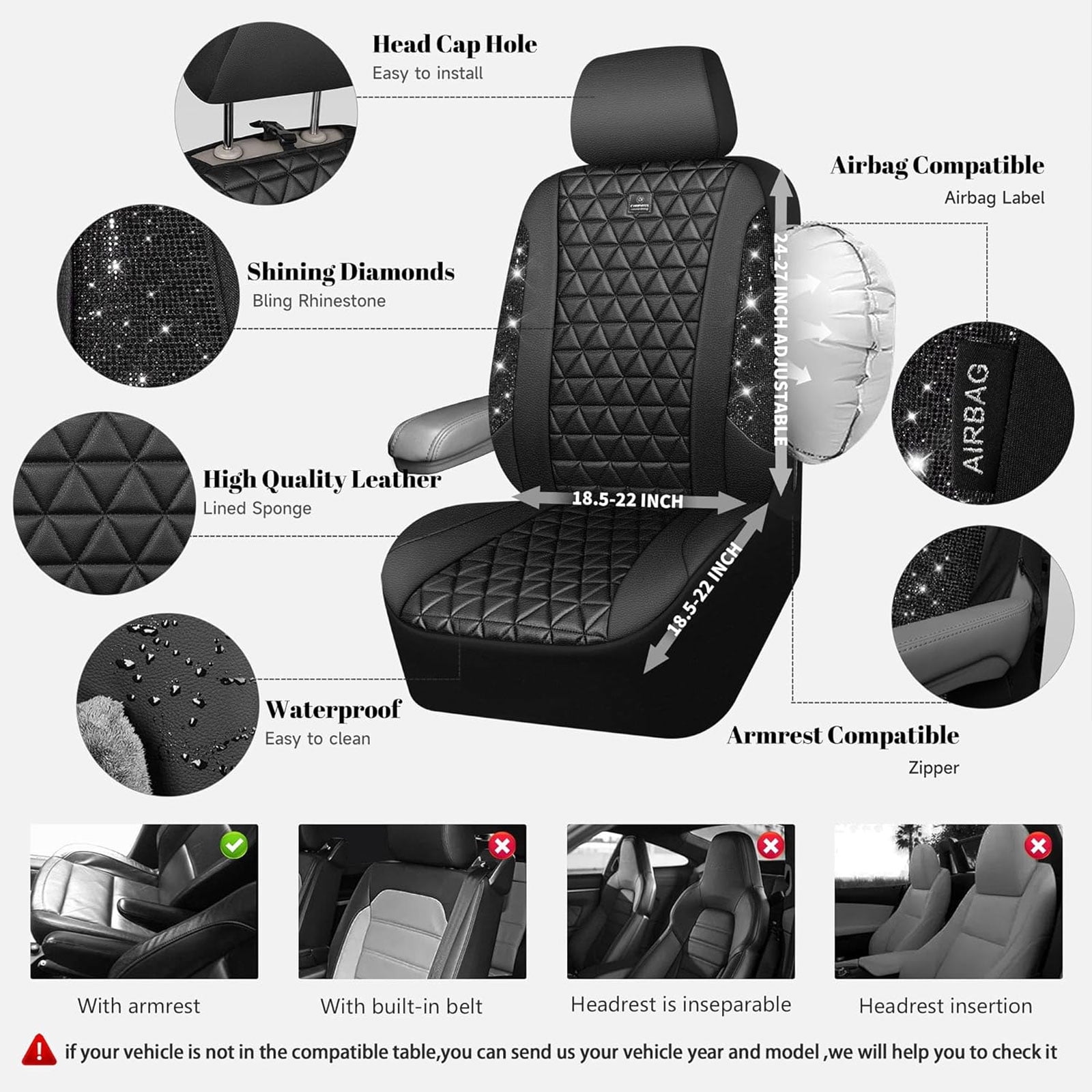 CAR GRAND Bling diamond leather automotive seat covers front pair water proof shining glitter sparkly crystal rhinestone universal armrest fit girl woman lady black