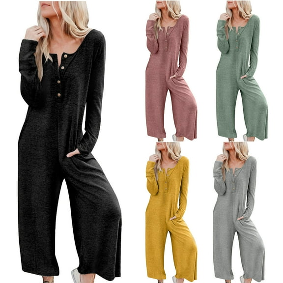ZZwxWA Womens Long Sleeve Jumpsuits Casual One Piece Loose Stretchy Jumpsuit Wide Leg Long Pant Rompers with Pockets