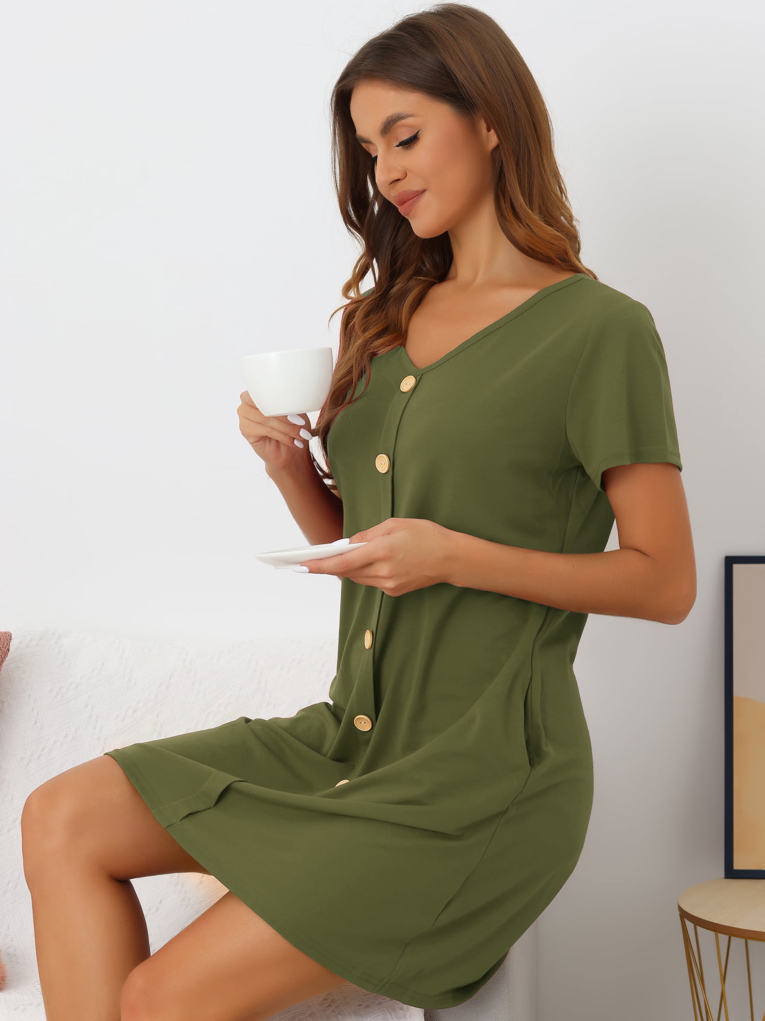 DARING DIVA Women's Button Short Sleeve Soft Short Nightgown M Green