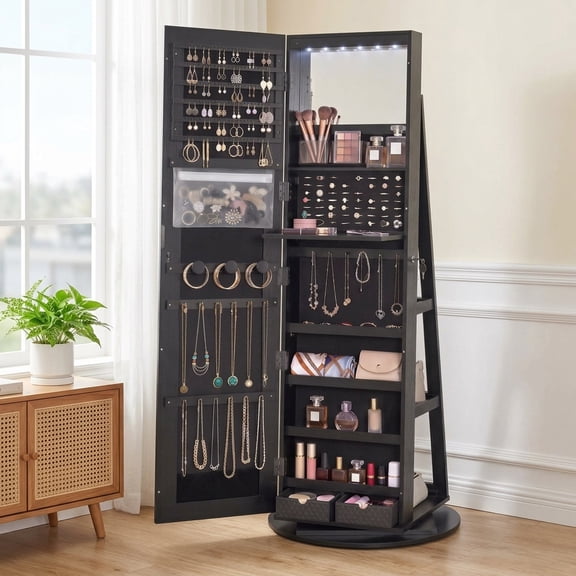 Ledrem 360° Rotatable Jewelry Armoire Cabinet, 6 LED & Borderless Full Length Mirror, With Lock & Storage Rack