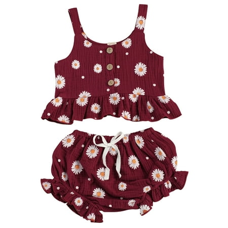 

Sunisery 2PCS Toddler Kids Baby Girl Sleeveless Ruffled Hem Tank Tops Triangle Shorts Wine Red 2-3 Years