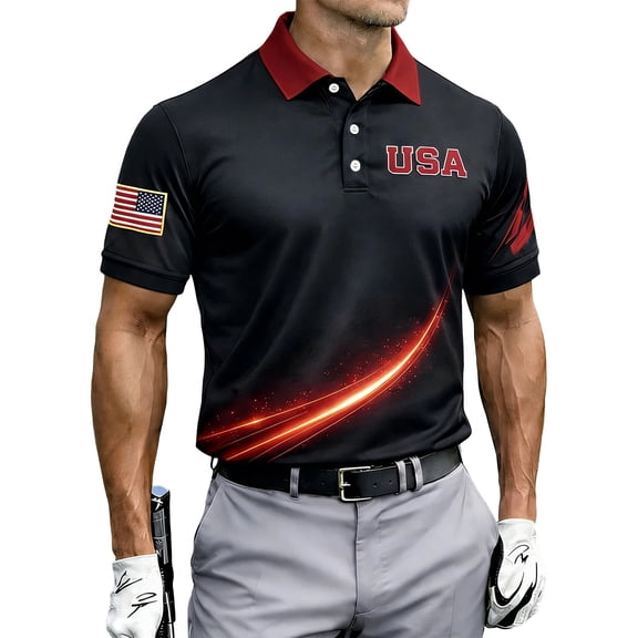 America 250 Polo Shirts for Men Usa Flag Print V Neck Short Sleeve Lapel Collar T-Shirt 1776-2026 Patriotic Star Relaxed Fit Daily Wear Tops, L, #01 Black