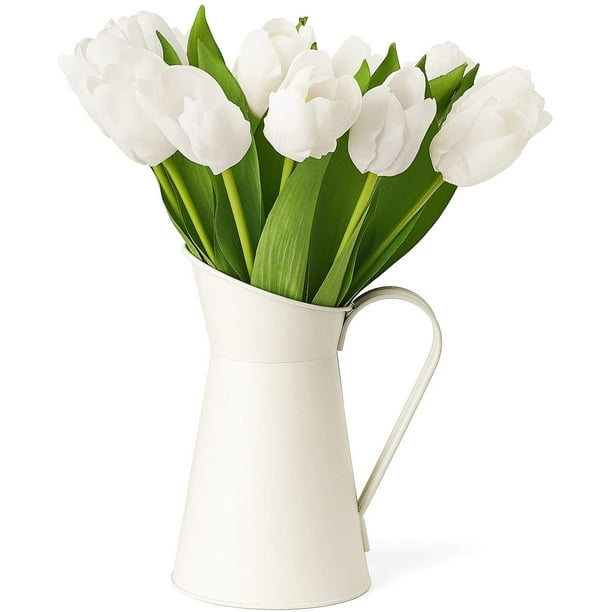 IGUOHAO Artificial Tulips and Flower Vase, Artificial Flowers Real Touch  with White Galvanized Metal Vase Set, 13 Fake Flowers Tulips in Jug Vase  Holder for Table Home Kitchen Dining Room Office Decor 