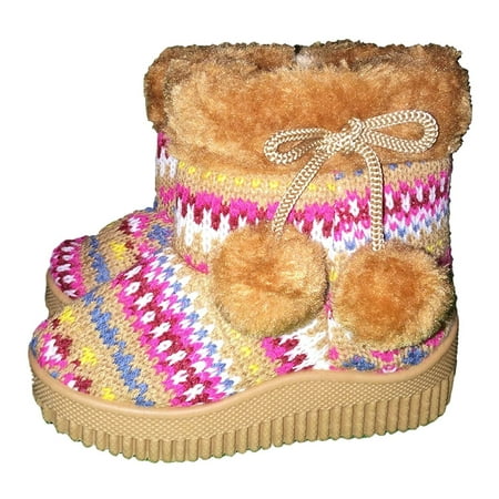 Callie Knit Sweater Print Faux Fur Lined Fashion Boots with Pom Poms for Toddler Girls (US Toddler 3M, Tan)
