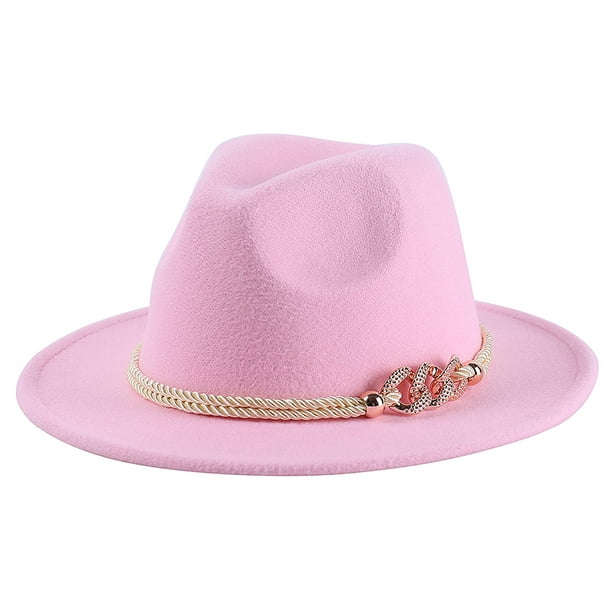 Vintage Fedora Hats for Women Warm Wool Felt Wide Brim Hat with Rope Belt  Panama Hat,Pink 
