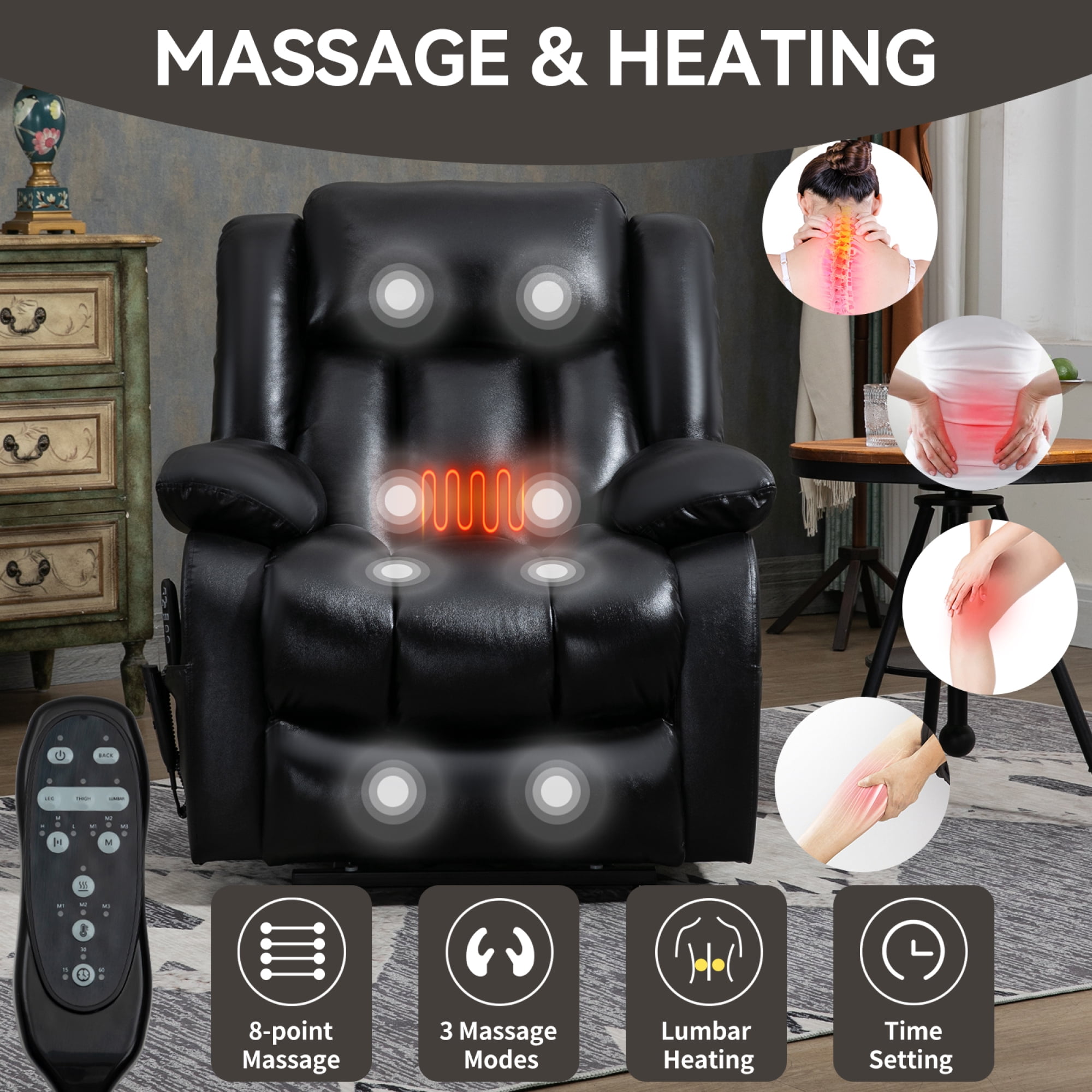 Leumius Power Lift Recliner Chair for Elderly with Vibration Massage and Lumbar Heating,Electric Recliner Single Sofa with Side Pocket for Living Room,Black