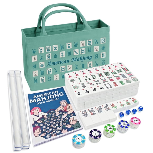 American Mahjong Tile Set – Complete 166 Tiles with Deluxe Accessories, 4 Racks, 100 Colorful Chips, Instruction Book & 1+3 Mahjong-Themed Storage