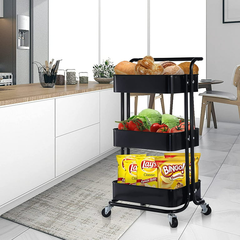 YSSOA 3-Tier Metal Rolling Utility Cart, Heavy Duty Craft Cart with Wheels  and Handle, Black 