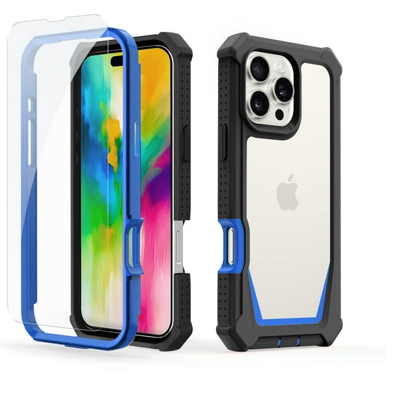 ELEHOLD Rugged Heavy-Duty Phone Case for iPhone 16 Pro Max,Military-Grade Drop Protection Shockproof Dual-Layer Design Clear Back Anti-Slip Grip Case with Screen Protector,Blackblue