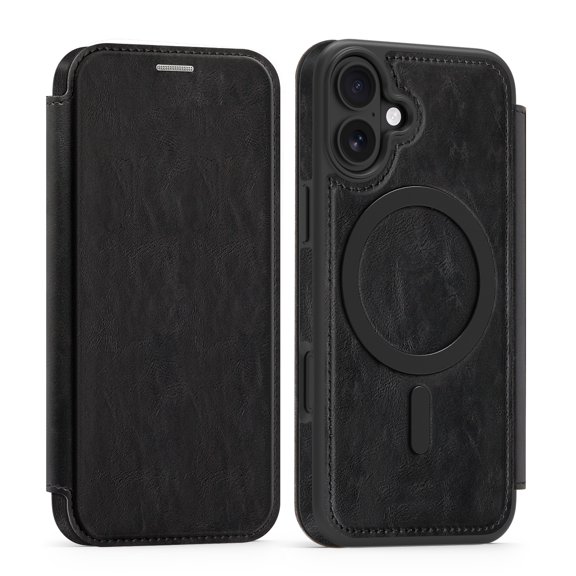 for iPhone 16 Wallet Case, Compatible with MagSafe, Support Wireless Charging, Slim Fit Premium PU Leather Flip Folio Cover with Card Slots Case Wallet for iPhone 16 - Black