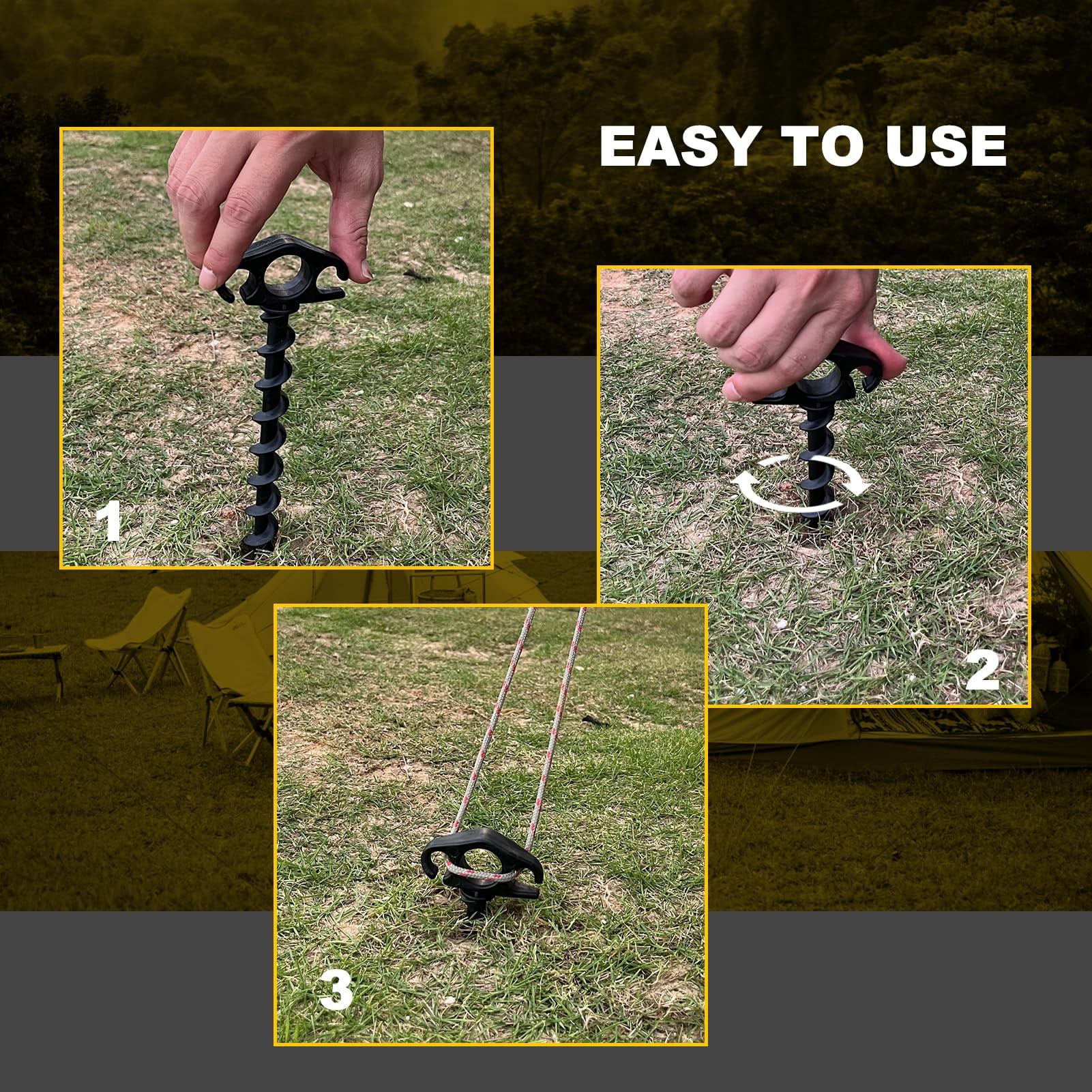 Heavy Duty Spiral Tent Stakes Ground Anchors Screw In 6 Pack 9.4 Inch Sand Stakes for Beach Camping Hiking Outdoor Decoration Black