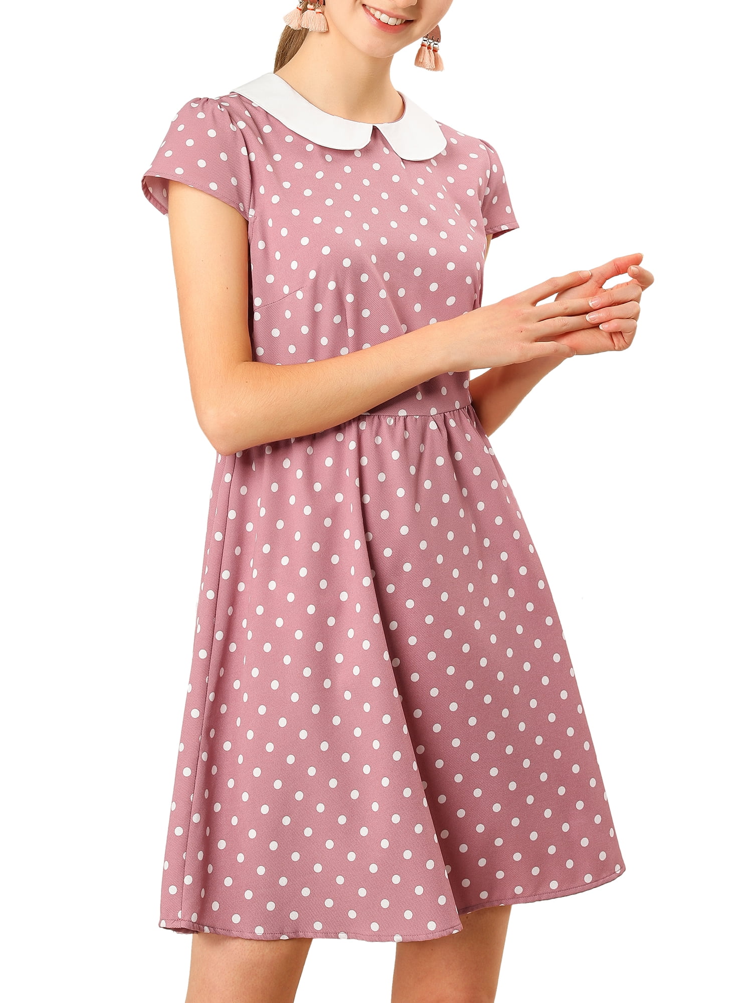 DARING DIVA Polka Dots Peter Pan Collar Above Knee Dress M Pink