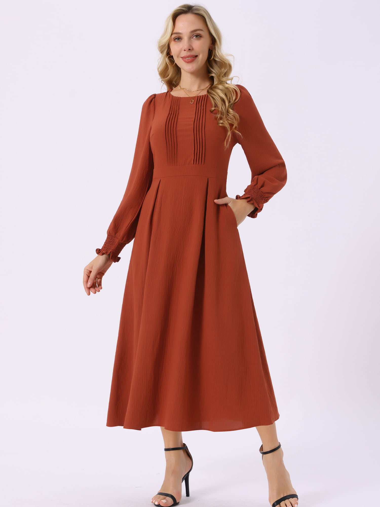 DARING DIVA Frilled Crewneck Long Sleeve Midi Fall Dress M Caramel