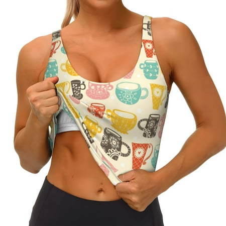 Qokaie Vintage Cup Pattern Womens Scoop Neck Sports Bra Breathable Workout Vest Padded U Back Medium Impact Fitness Gym Yoga Bra Workout Crop Top