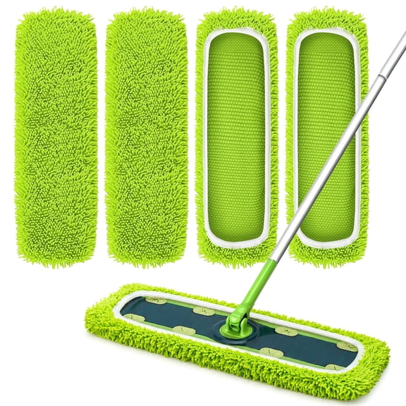 JEHONN XL Reusable Microfiber Mop Pads 4 Pack, Dry & Wet Sweeping Cloths (Green)