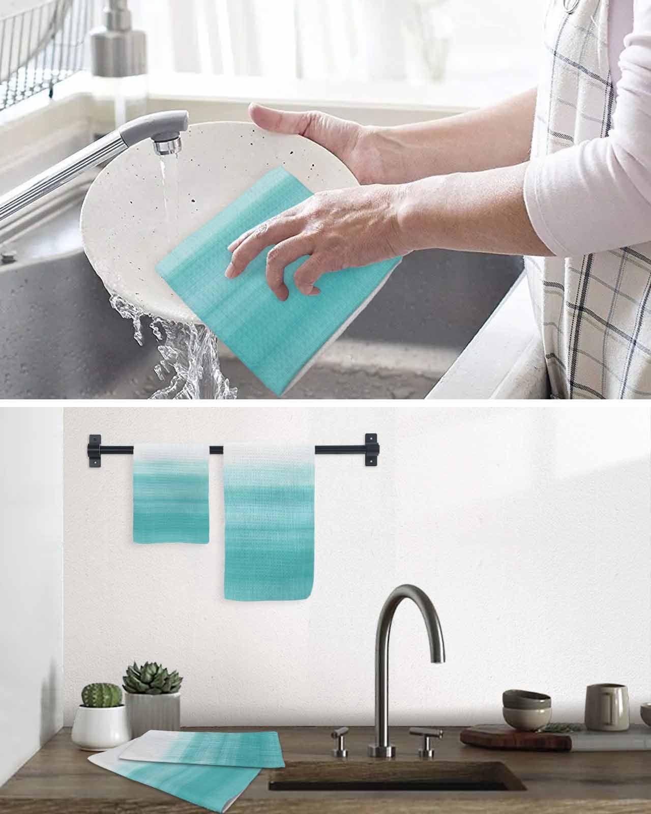 Aqua White Ombre Kitchen Dish Towels for Drying Dishes Set of 2, Chic Modern Funny Abstract Striped Art Waffle Weave Microfiber Terry Hand Tea Bathroom Towels Quick Dry & Absorbent Towel 12x12