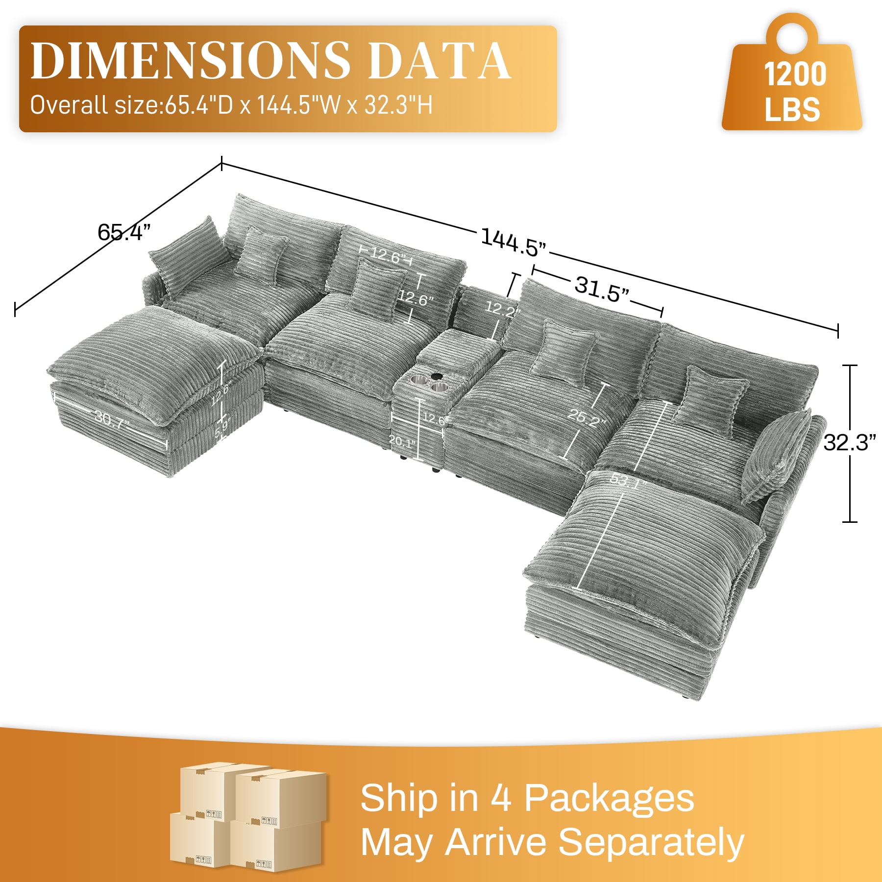 avobird Oversided 145" U Shaped Cloud Couch Sectional, DeepSeat Sofa Bed with USB Charging, Hidden Storage, Cup Holders & Chenille Double Chaise, Light Gray