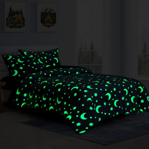Glow in The Dark Comforter Set 7 Piece Full/Queen with Sheets, Blue Velvet Bedding Comforter Sets for Full Bed