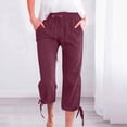 thumbnail image 5 of Hurxie Women's Linen Capri Pants with Drawstring Petite Summer Beachwear Lightweight Elastic Waist Pants Wine,M, 5 of 7