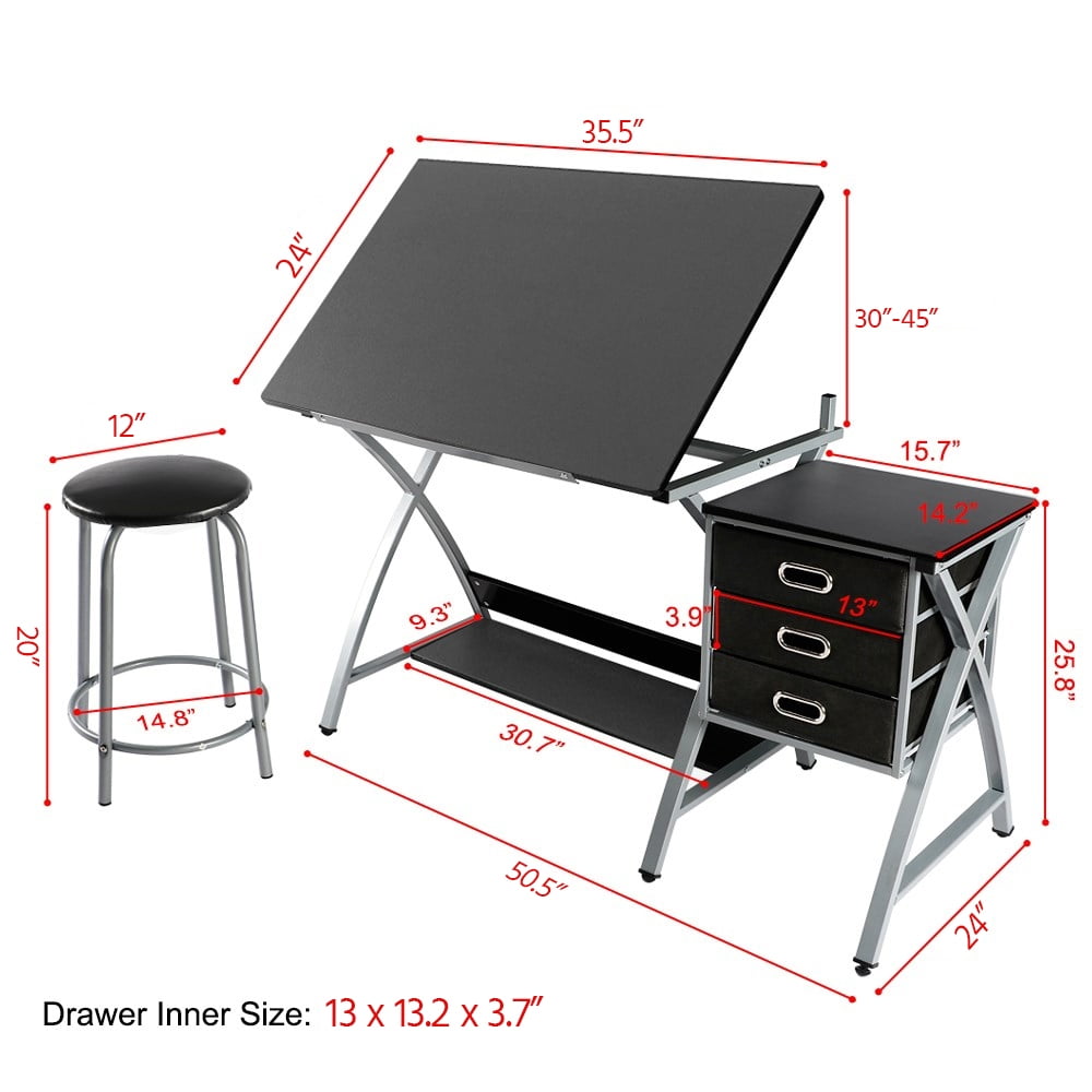 Easyfashion Folding and Adjustable Steel Drafting Table with Stool and Storage Drawers